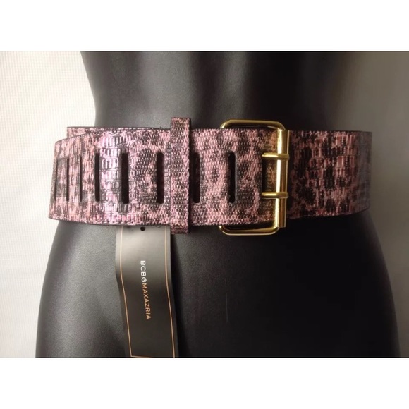 BCBG WIDE WAIST BELT PINK FAUX CROC GOLD BUCKLE - Picture 2 of 5